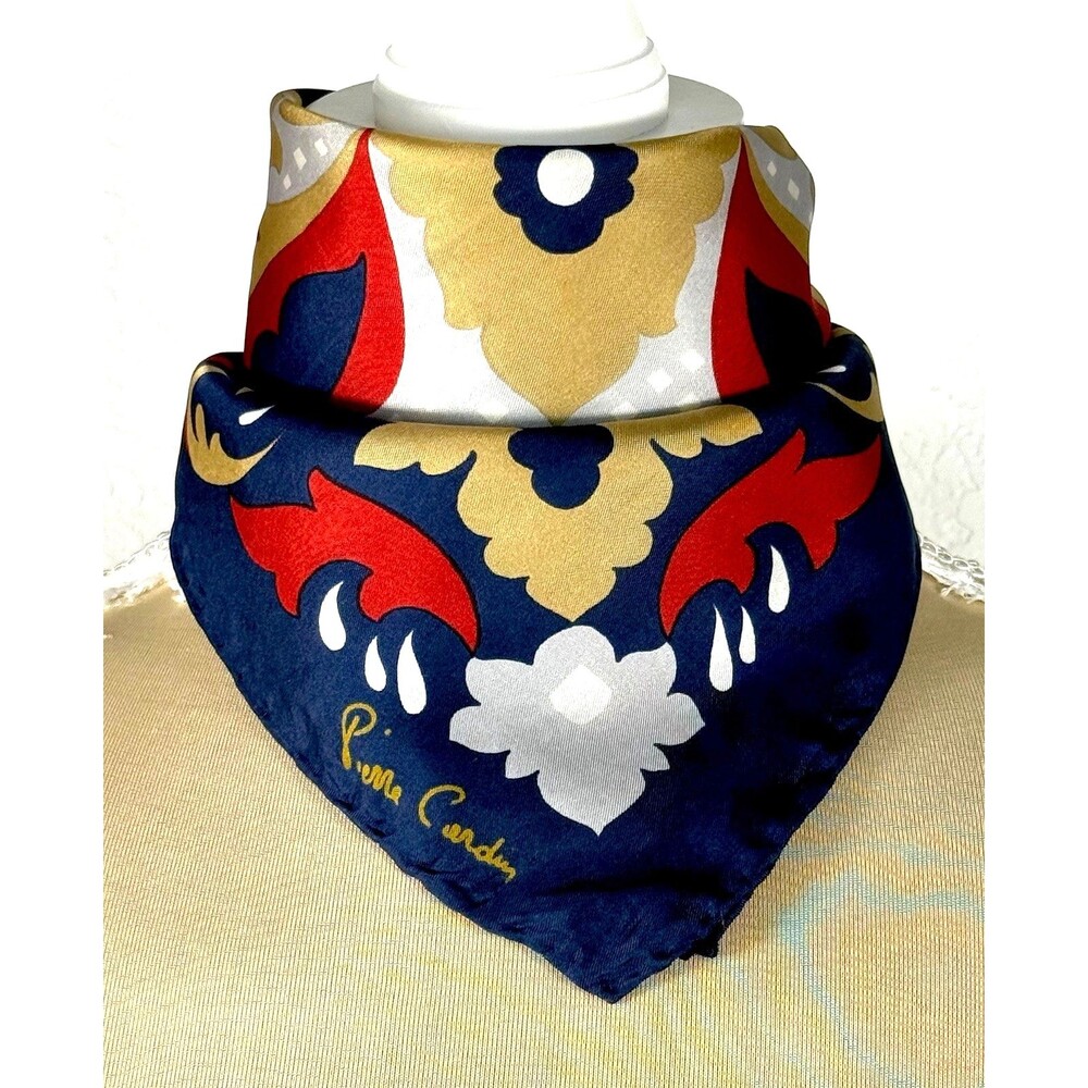 Vintage Pierre Cardin 100% Silk Scarf 14” Navy Red Gold Baroque Floral Mod Boho